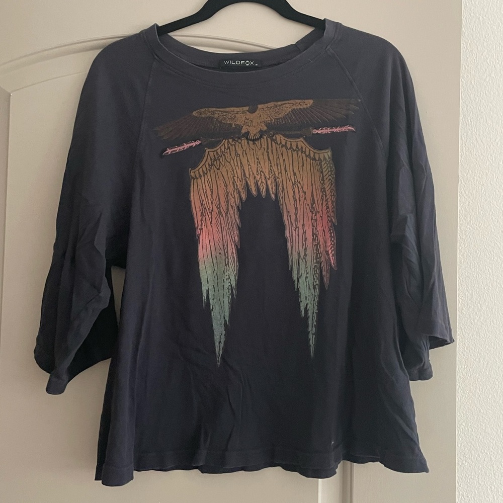Wildfox Black Graphic Wing Tee with Faded Rainbow Print